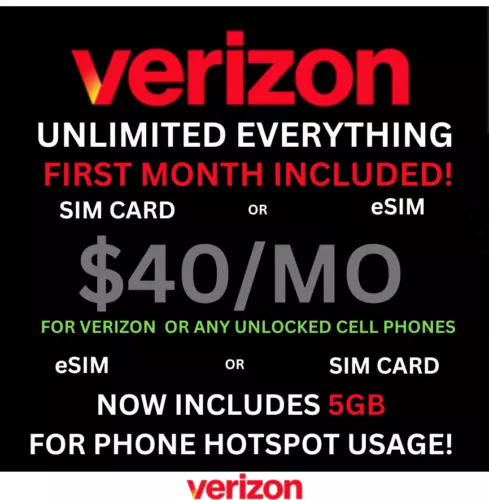 🌟 VERIZON SIM CARD 🌟 eSIM🔵 $40 Plan INCLUDED ✅ UNLIMITED 5G/4G DATA - HOTSPOT