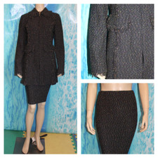 ST JOHN Knits Black Jacket Skirt L 8 10 Multicolor 2pc Suit Fringe Trim Fitted