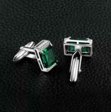 4Ct Emerald Cut Lab Created Green Emerald Men's Cufflink 14K White Gold Plated