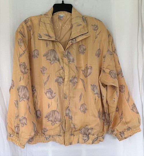 Vintage COACO 100% Silk Gold & Tan Floral Full Zip Jacket Top 