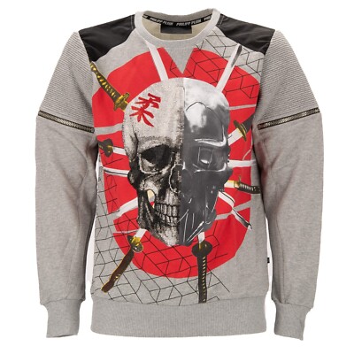 PHILIPP PLEIN Crystals Skull Logo Cotton Sweater APPEAR Gray Red XL 11603