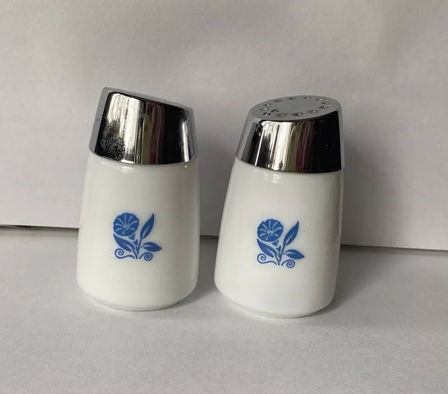 Vintage Dispensers Inc Salt & Pepper Shakers Blue Flower 3" Milk Glass