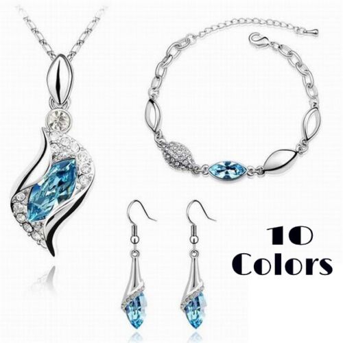 10 Colors Silver Plated Crystal Rhinestone Necklace Pendant Earring Bracelet Set - Picture 1 of 11