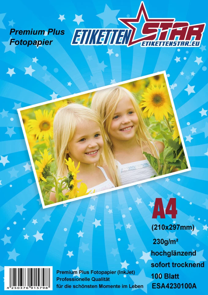100 Blatt DIN A4 230g/m² Fotopapier Hglanz+wasserfest von EtikettenStar