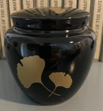 Chinese  Pottery Tea Caddy w/Lid, Black With Gold Colored Leaves