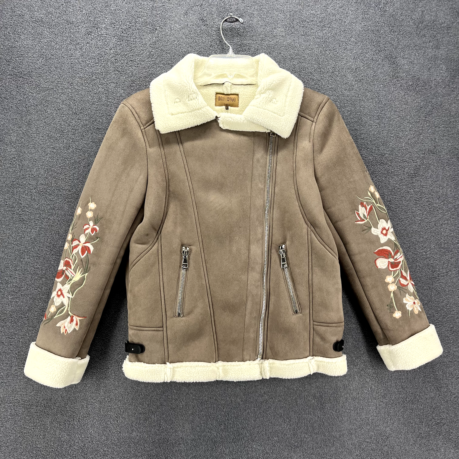 DRIFTWOOD Womens Small Beige Faux Suede Jacket with Embroidered Sleeves and Fleece Lining