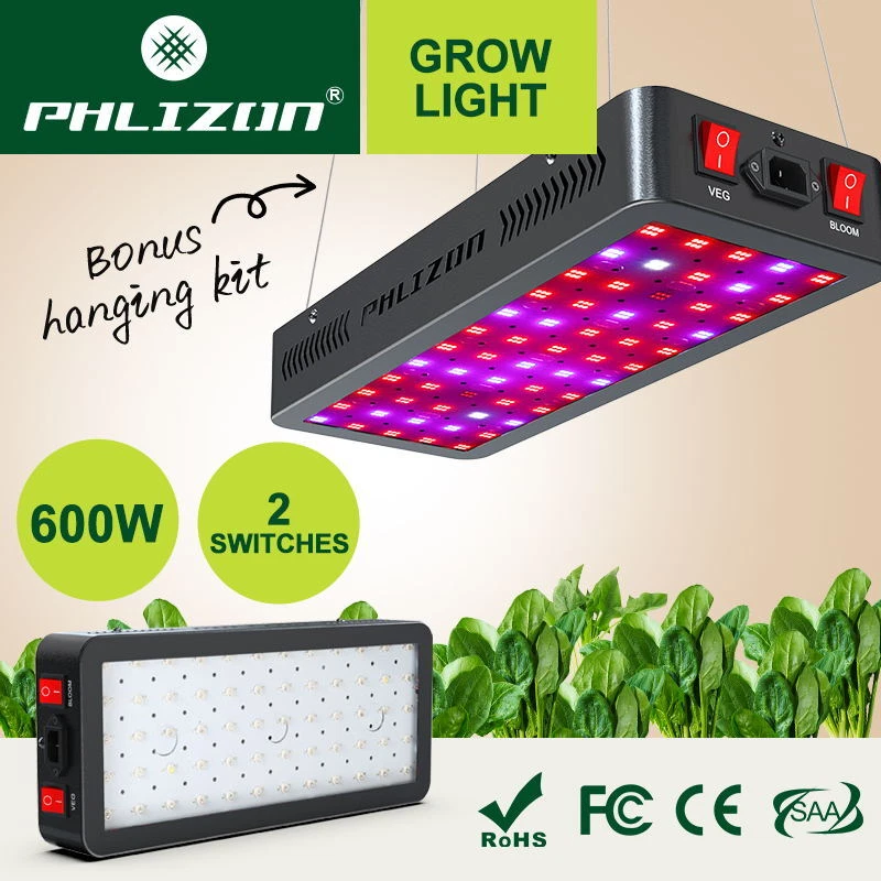 Phlizon 600W LED Grow Light Full Spectrum Veg Bloom Lamp for Indoor Hydroponics - Picture 1 of 12