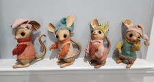 Lot of 4 Antique/Vintage Flocked Mice Mouse Figures w/Clothes Anthropomorphic 7"