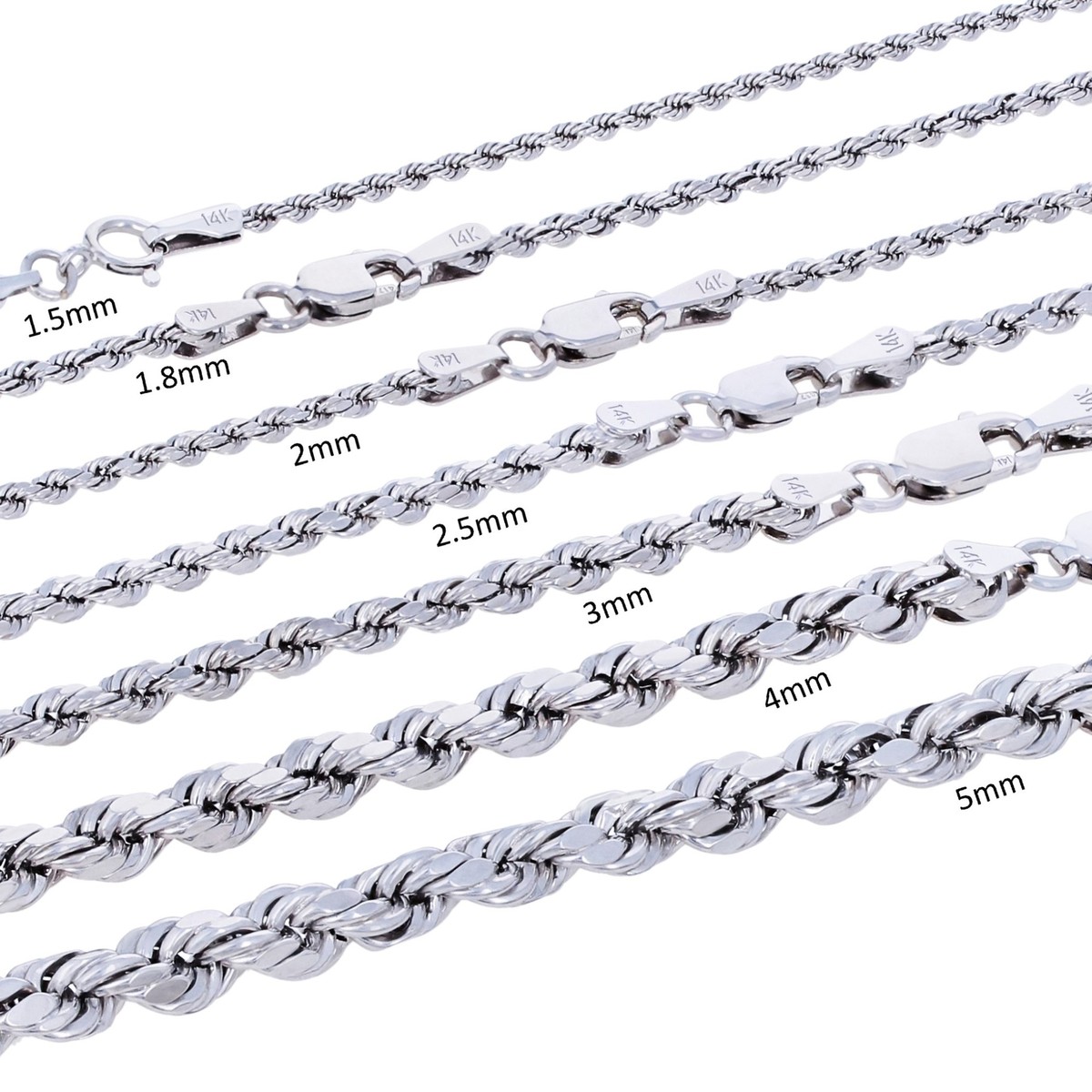 14K White Gold 2mm-5mm Diamond Cut Rope Chain Bracelet Mens