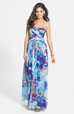 JS Boutique Print Chiffon Strapless Gown Sz 12 Blue Multi