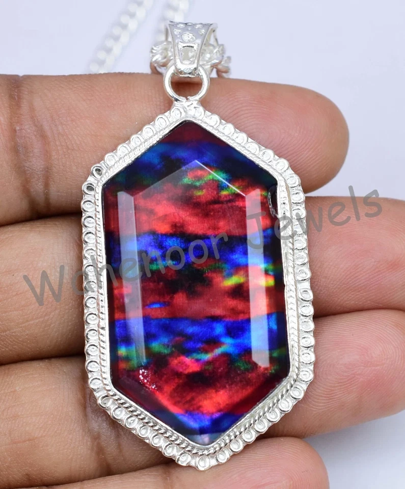 28Gm Naturale Ammolite Gemma 925 Sterling Argento Ciondolo Con Catena - Immagine 2 di 4