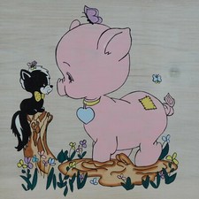 Precious Moments Pattern Hand Painted Wood Wall Decor Pig Skunk Nursery Kid Room