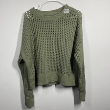 Open Knit Sweater Womens L Olive Oversized Boho Slouchy Loose Weave Pullover