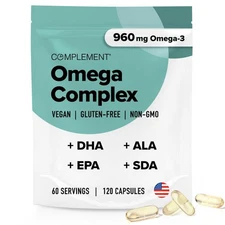 Complement Vegan Omega 3 Supplement- 960mg Omega-3 Fatty Acids DHA EPA SDA AL...