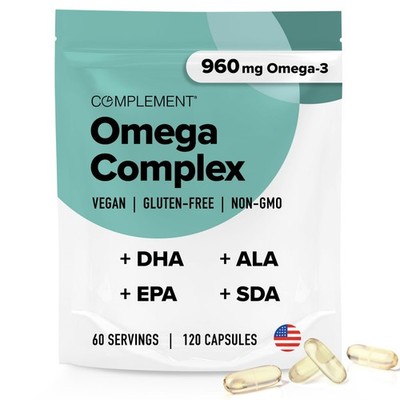 Complement Vegan Omega 3 Supplement- 960mg Omega-3 Fatty Acids DHA EPA SDA AL...