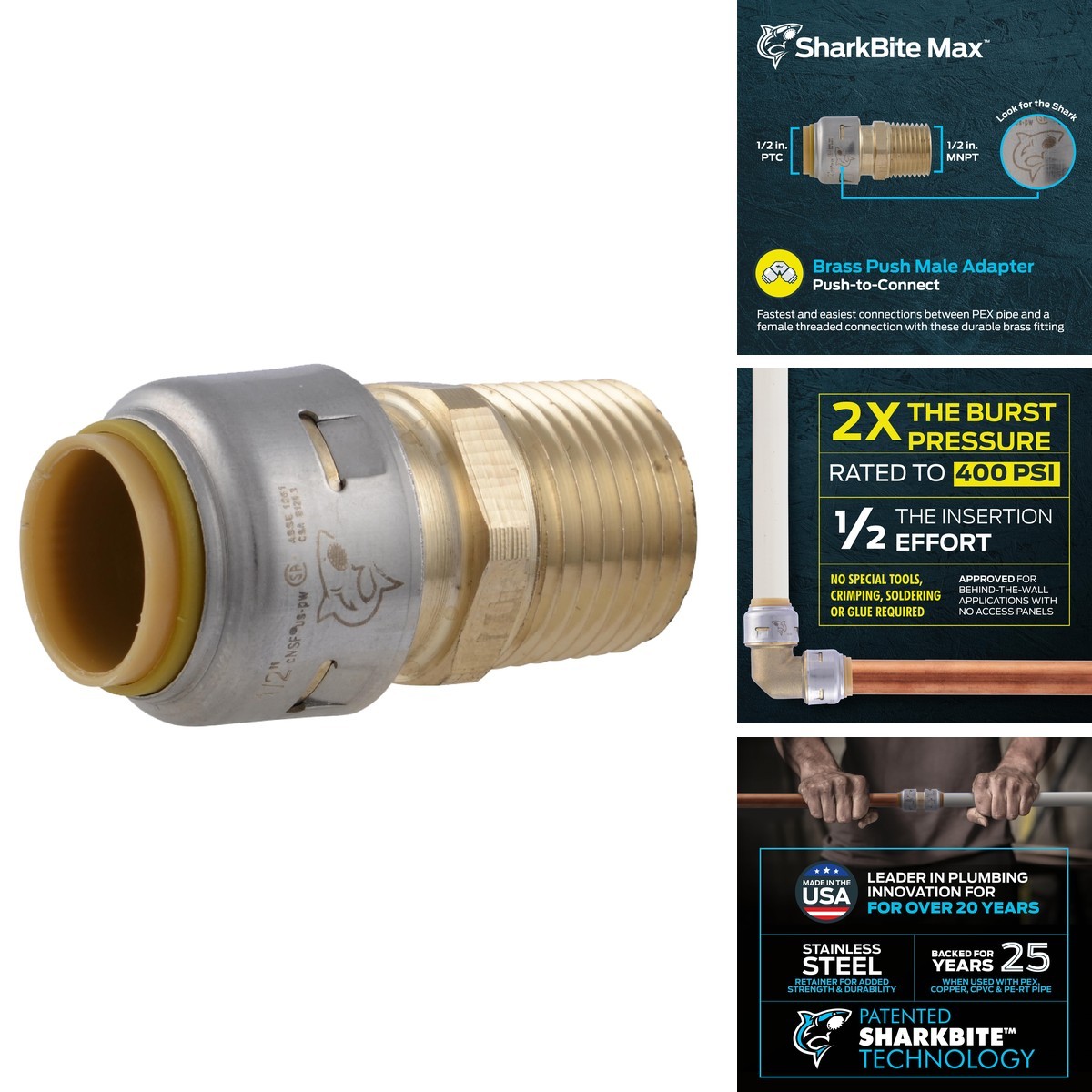 SharkBite Max 1/2 Inch MNPT Adapter Push to Connect Brass Fitting UR120A for