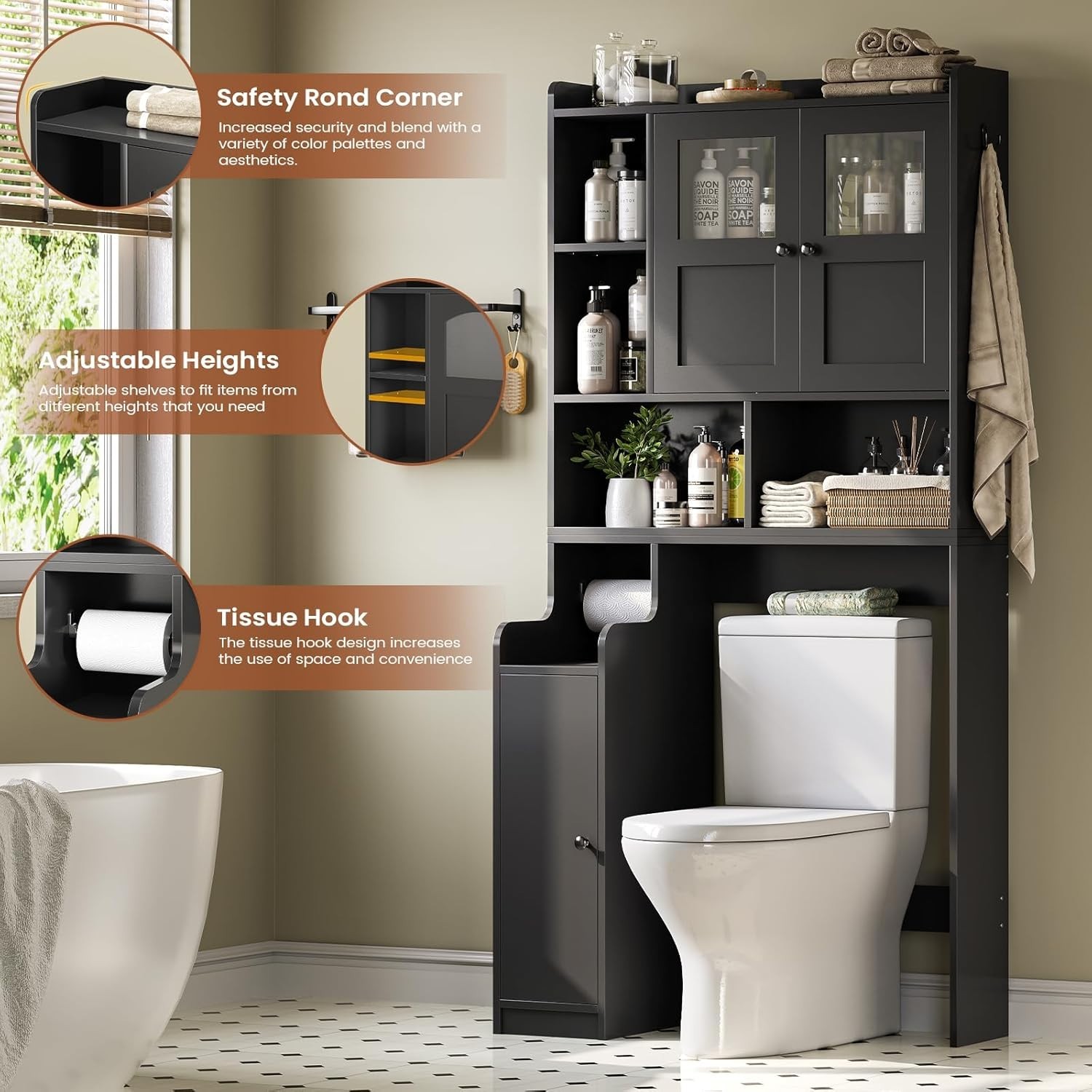 Over The Toilet Storage Cabinet, Farmhouse Bathroom Organizer with Glass Doors