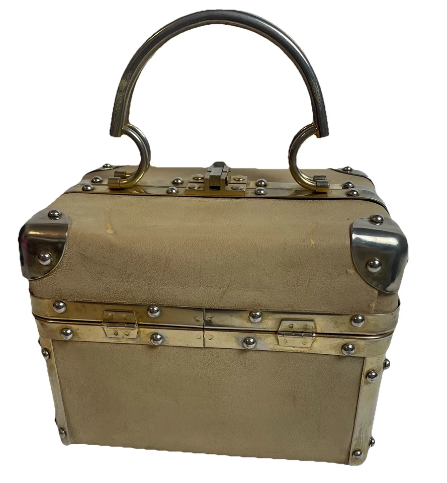 Bolso MCM Art Deco Tren Estuche Años 50 60 Beige Asa Superior Dividida Borde Tono Dorado Italia Foto 2 de 4