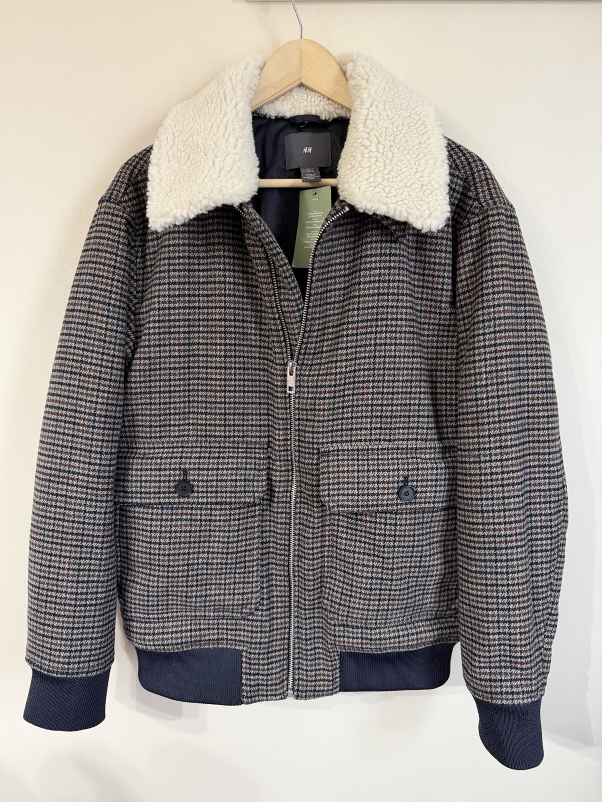 Chaqueta Bomber H&M Pata de Gallo Mezcla de Lana M Nueva con Etiquetas Cuello Sherpa Academia