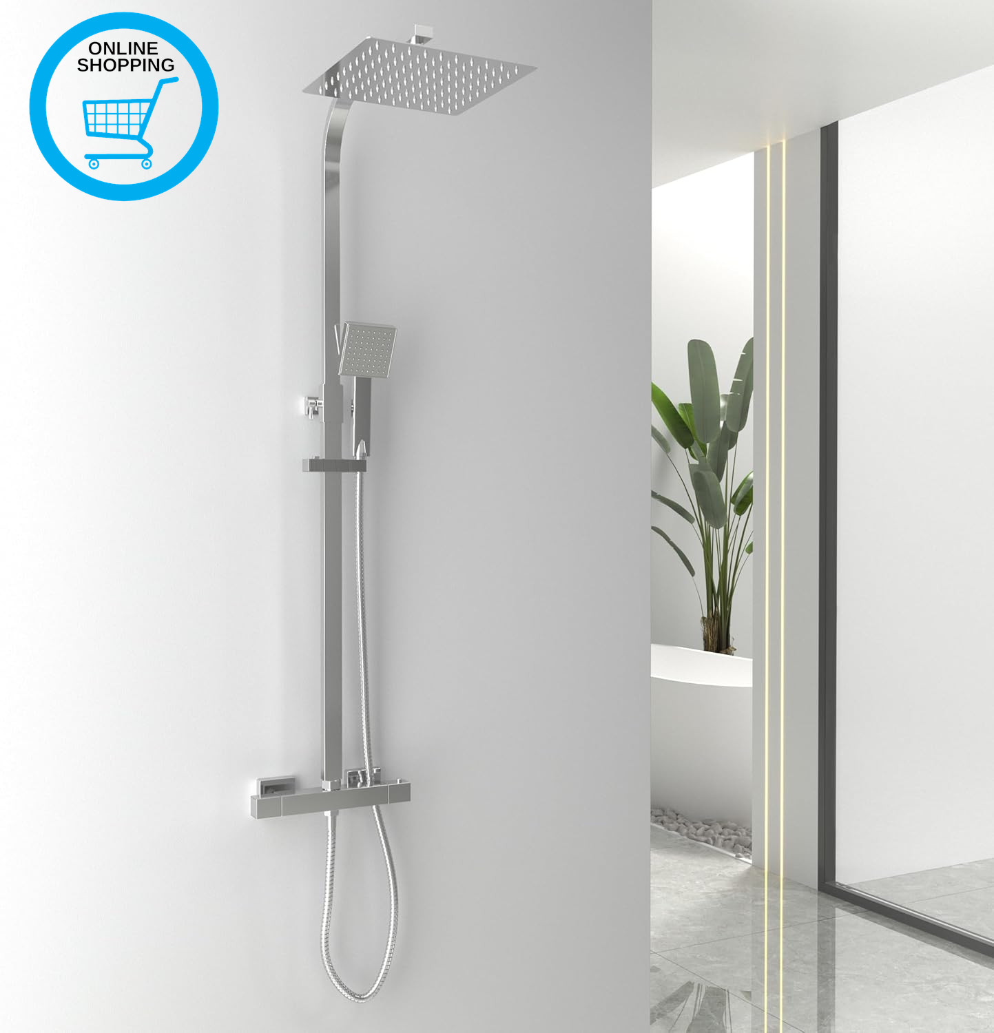 Chrome Shower System with Thermostatic Mixer Valve, 250Mm Square Rainfall Overhe