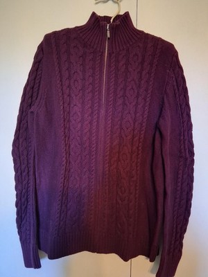 LL Bean Cable Knit Mock Neck Sweater Womens L Reg 100% Cotton Front Zip Purple