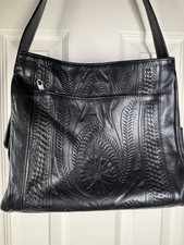 Vintage Hand Tooled Black Leather Shoulder Bag Made in Paraguay Boho Western