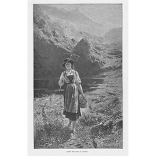 HANS DAHL Among the Hills in Norway - Antique Print 1891