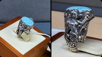 SAMUEL BENHAM Sterling Silver 18k Gold Ocean Blue Larimar Mermaid Ring Sz 7