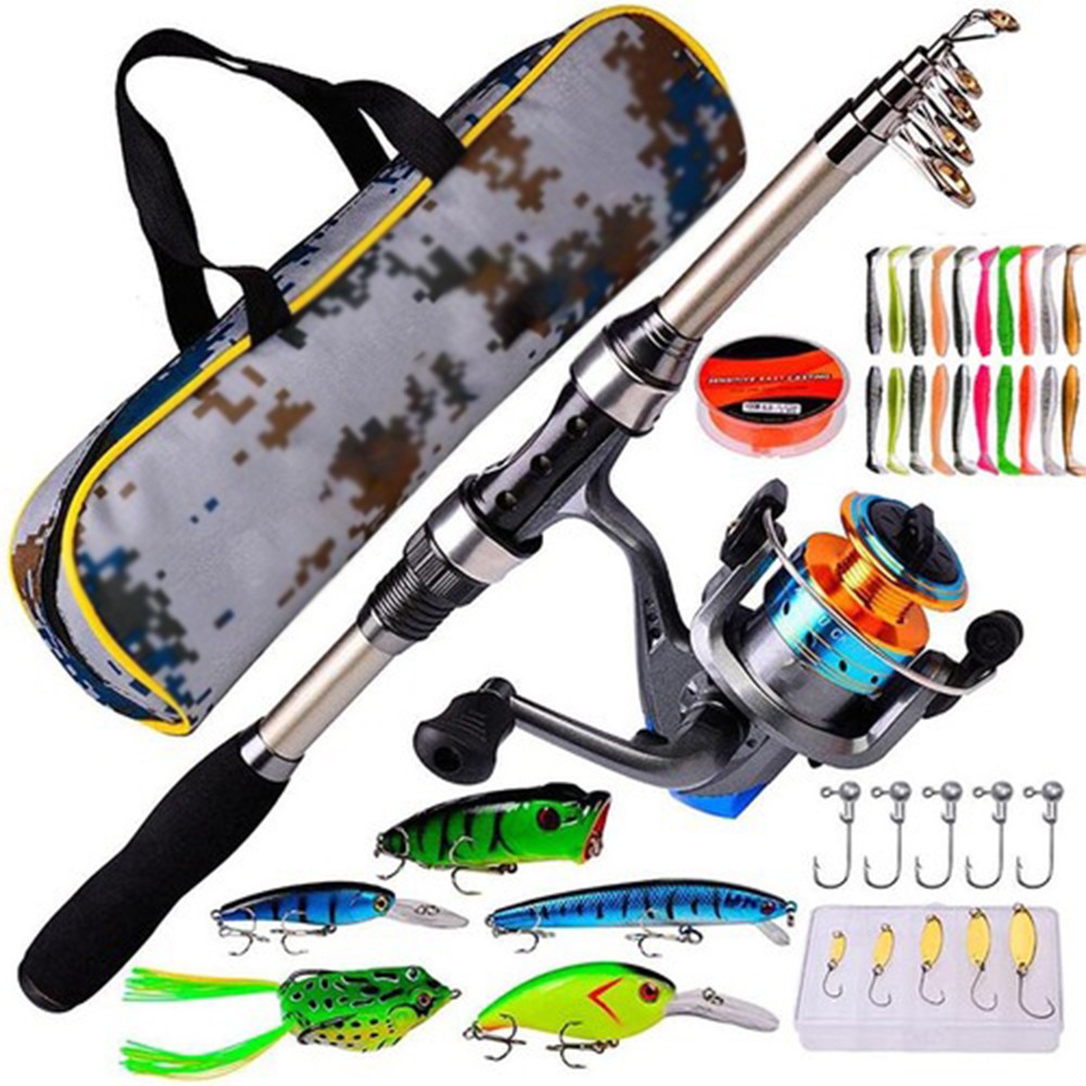 Telescopic Fishing Rod Spinning Reel Set Combo Full Kit Carb