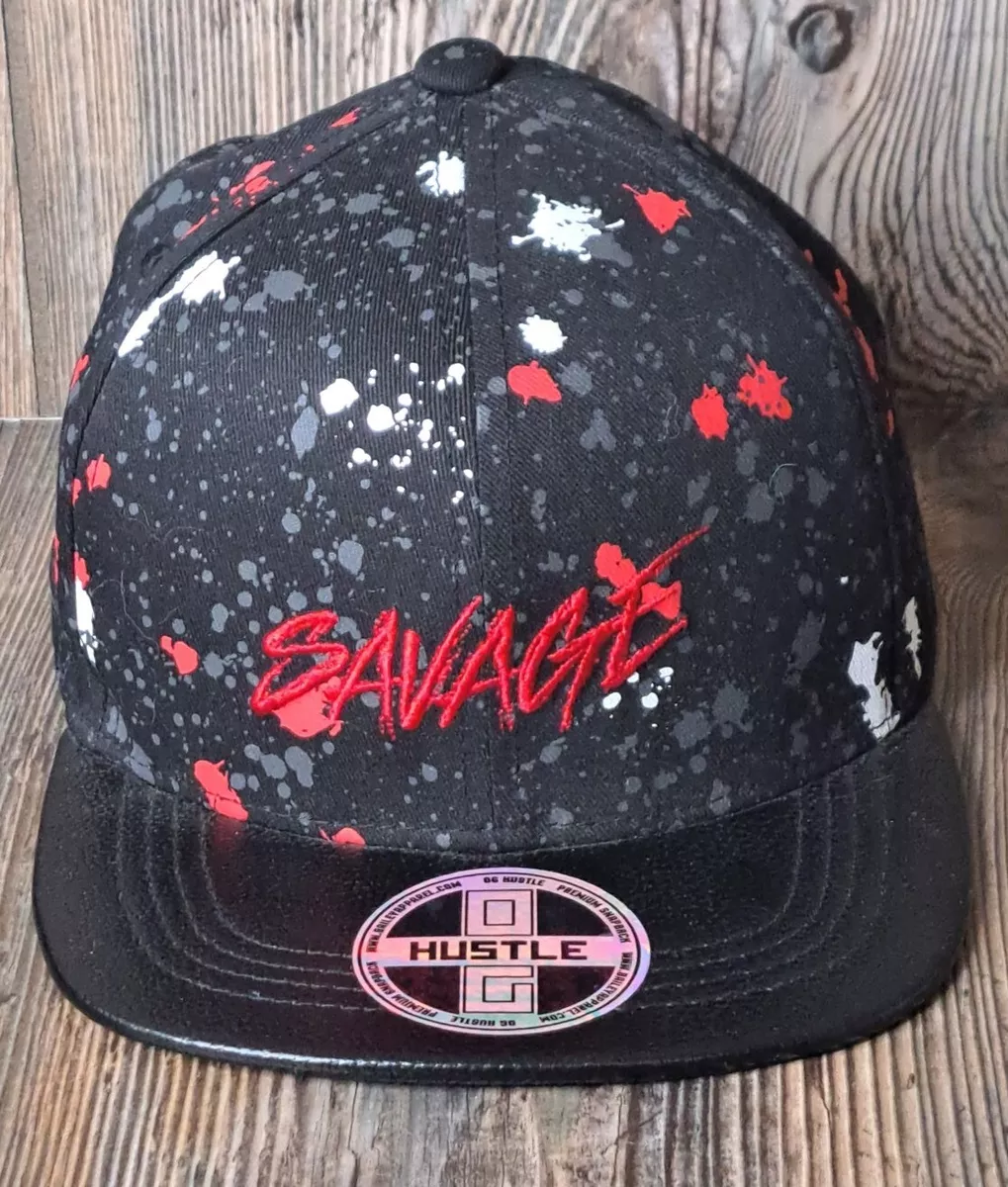 Hustle Savage size Youth red white black paint splatter snapback hat