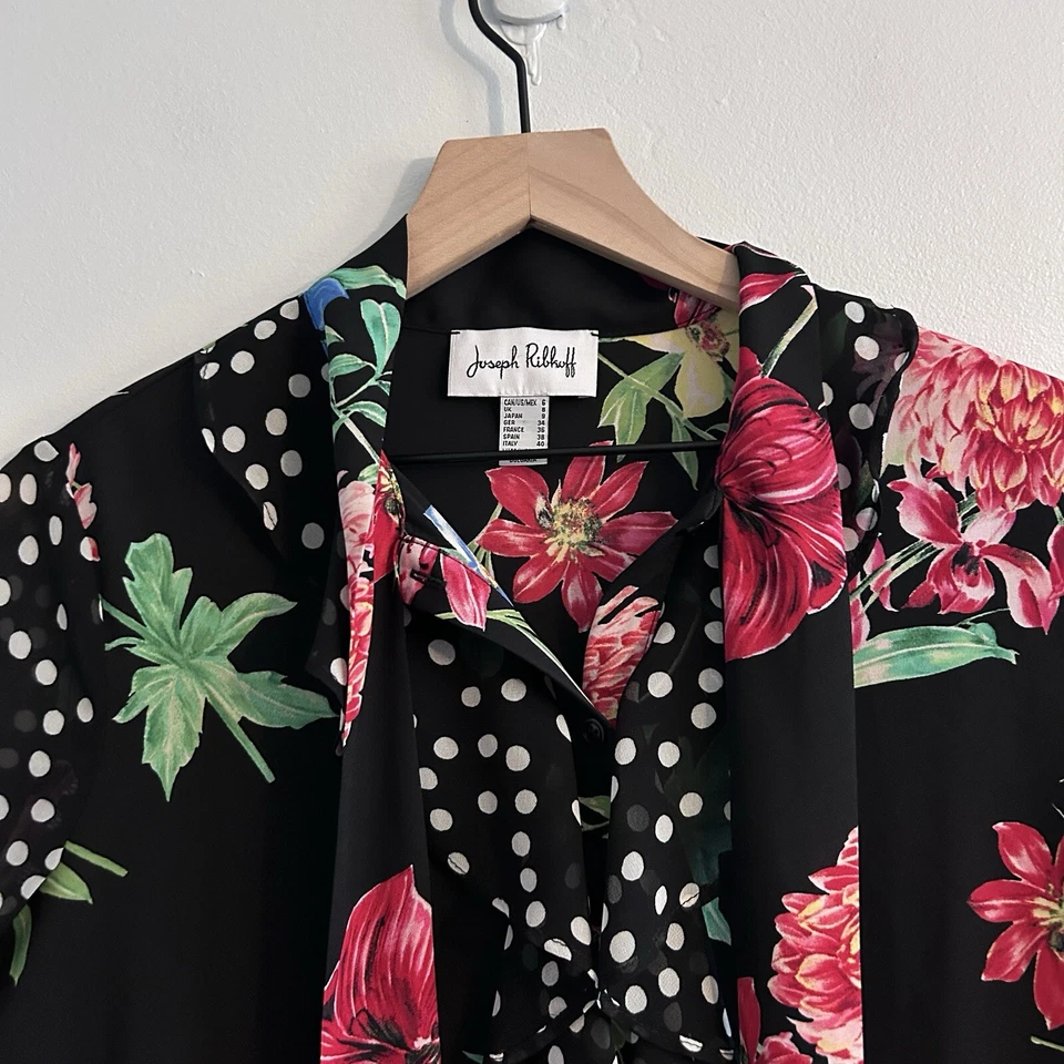 Blusa Joseph Ribkoff Floral y Lunares Manga 3/4 Cuello Atado Negra Verde Talla 6 Foto 2 de 4