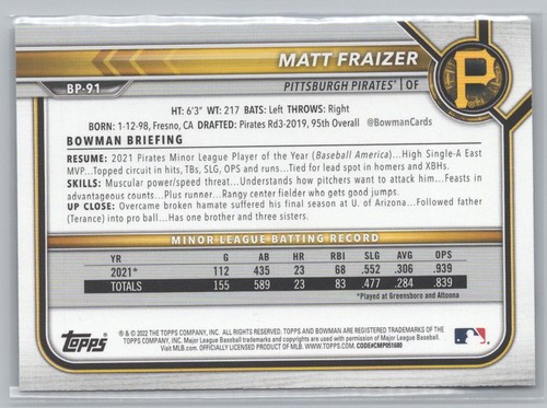 2022 Bowman Matt Fraizer Prospects #BP-91 F - Picture 2 of 2