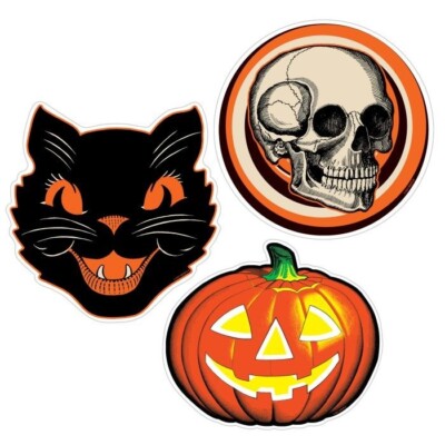 Beistle Halloween Vintage Style Plastic Cutouts Skull Black Cat Pumpkin