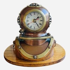Antique Brass Copper Diving Helmet Maritime Quartz Clock Solid Wood Decor