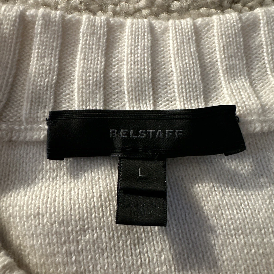 Belstaff Gaynesford Striped Wool Italian Sweater Size L Naval Wool Blend Cream - Image 4 of 4
