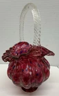 Fenton Signed Art Glass Vasa Murrhina Cranberry Red Basket Vase Ruffled Edge