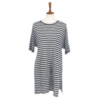 eileen fisher short sleeve knit dress Eileen Fisher S Green Mini Stripe Hemp Organic Cotton Knit Tee Dress Pockets