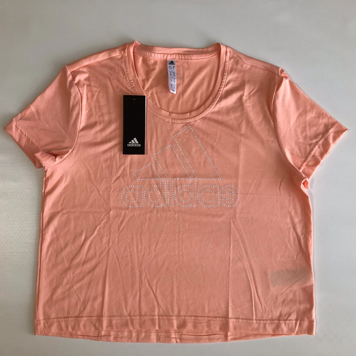 Adidas Womens Bos Graphic T Coral Pink Spelled Out Logo SS Cropped