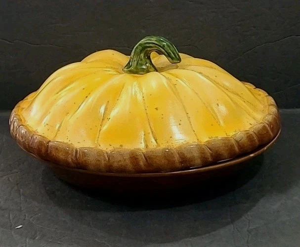 Vintage Over & Back Ceramic Yellow, Pumpkin Pie Baking Dish, 10" Portugal.