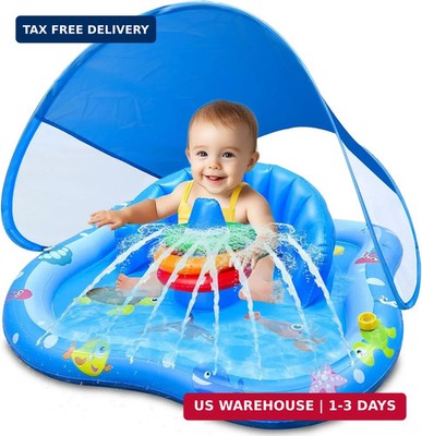 iGeeKid Baby Play Mat with Sprinkler, Inflatable Baby Pool Float with Canopy Bac