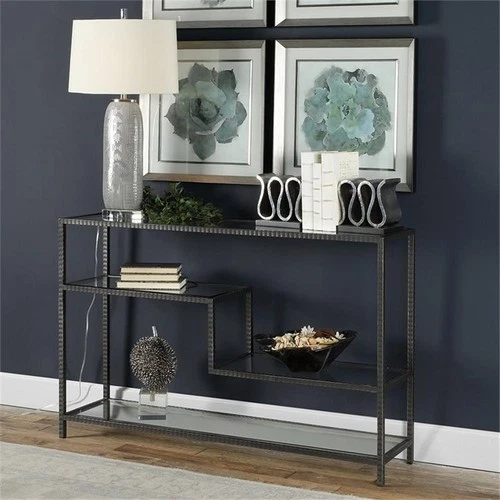 Uttermost Leo Iron and Glass Accent Console Table in Aged Gunmetal Gray - Picture 2 of 7