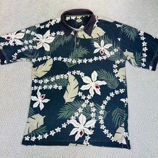 TOMMY BAHAMA Men Large Short Sleeve Polo Shirt Blue Floral Casual Hawaiian