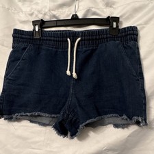 No Boundaries Girls Denim Drawstring Shorts L/G 11-13 Dark Blue Frayed Hem
