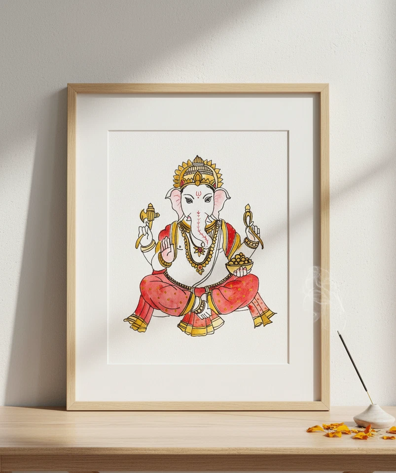 Набор картин Pichwai Cow & Ganesha художник подписал оригинал 8,5 X 11 дюймов без рамок - Изображение 4 из 4