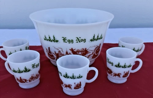 Vintage 1950's Hazel Atlas Milk Glass Egg Nog Punch Bowl with 5 Cups Set