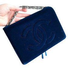 CHANEL Navy Blue Velvet CC Logo Zipper Silver Top Handle Bag