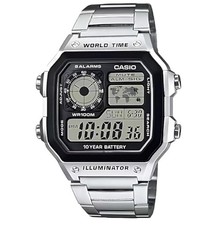 Casio World Time StainlessSteel DigitalChronograph Watch AE1200WHD-1A Men, grey,