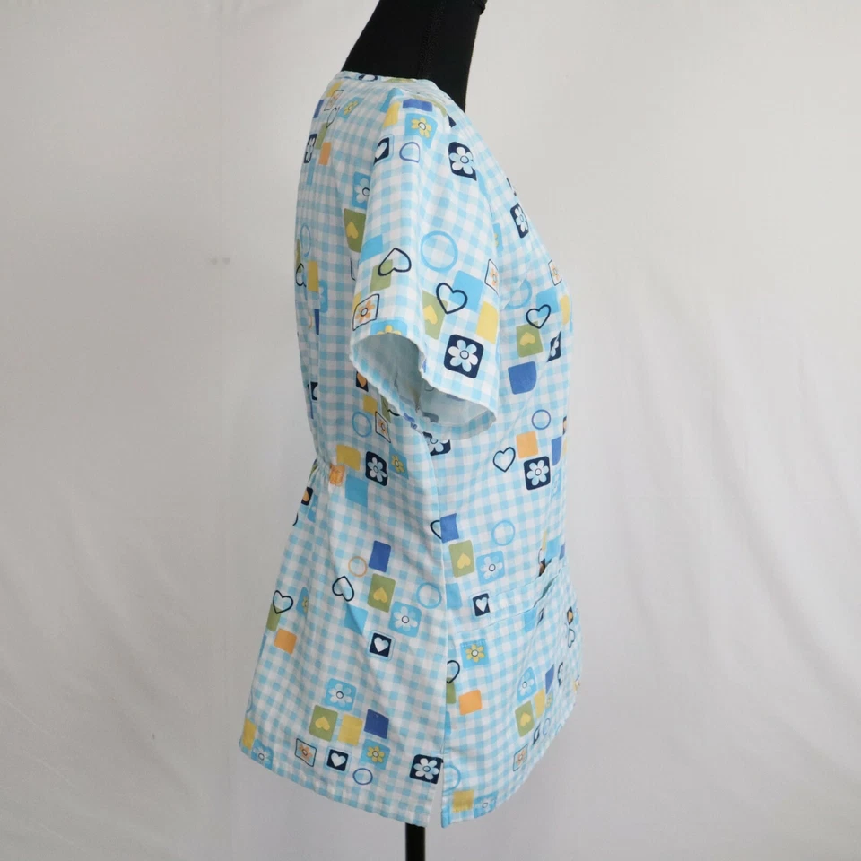 Scrub HQ Top Womens Small Medical Uniform Hearts Flowers Gingham Short Sleeve - Image 4 of 4