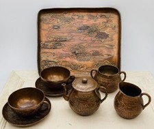 Japanese Miniature MIXED METAL TEA SET  TRAY Teapot Sugar Creamer Cup  Saucer
