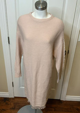 Gentle Herd Light Blush Pink Cashmere Sweater Dress Fringe Trim, Size L